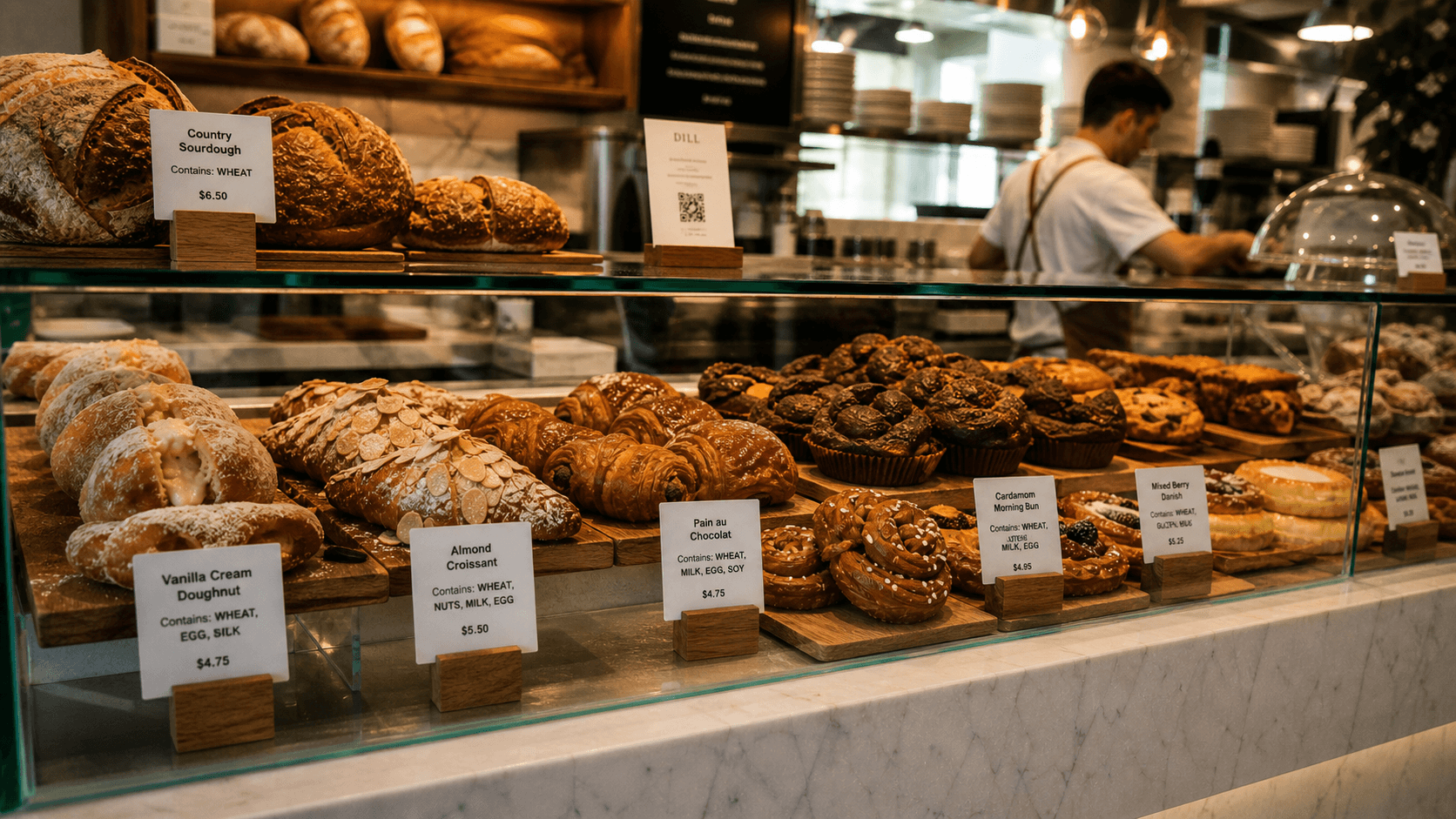 Beautiful bakery display case with artisan pastries and allergen shelf label cards