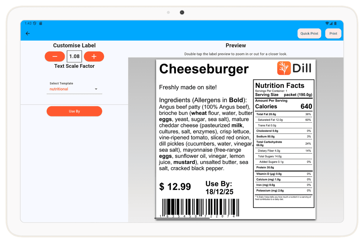 Dill app showing a cheeseburger FDA allergen label with full nutritional panel, bolded allergens and $12.99 price