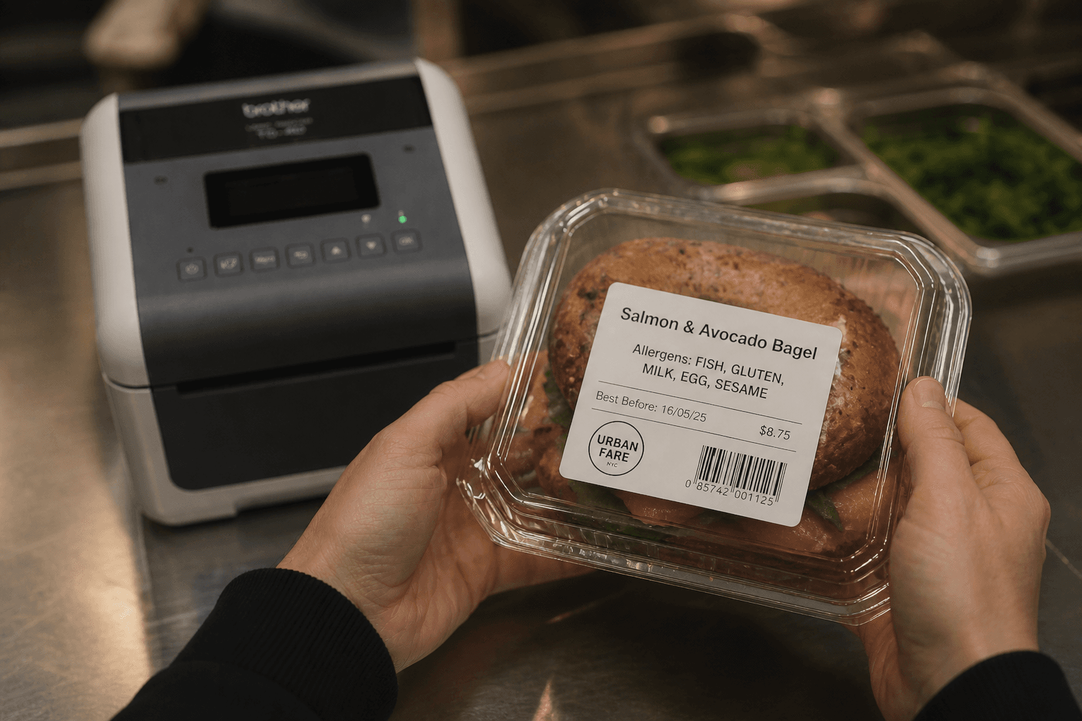 Hands holding a labelled salmon and avocado bagel with Brother printer in background