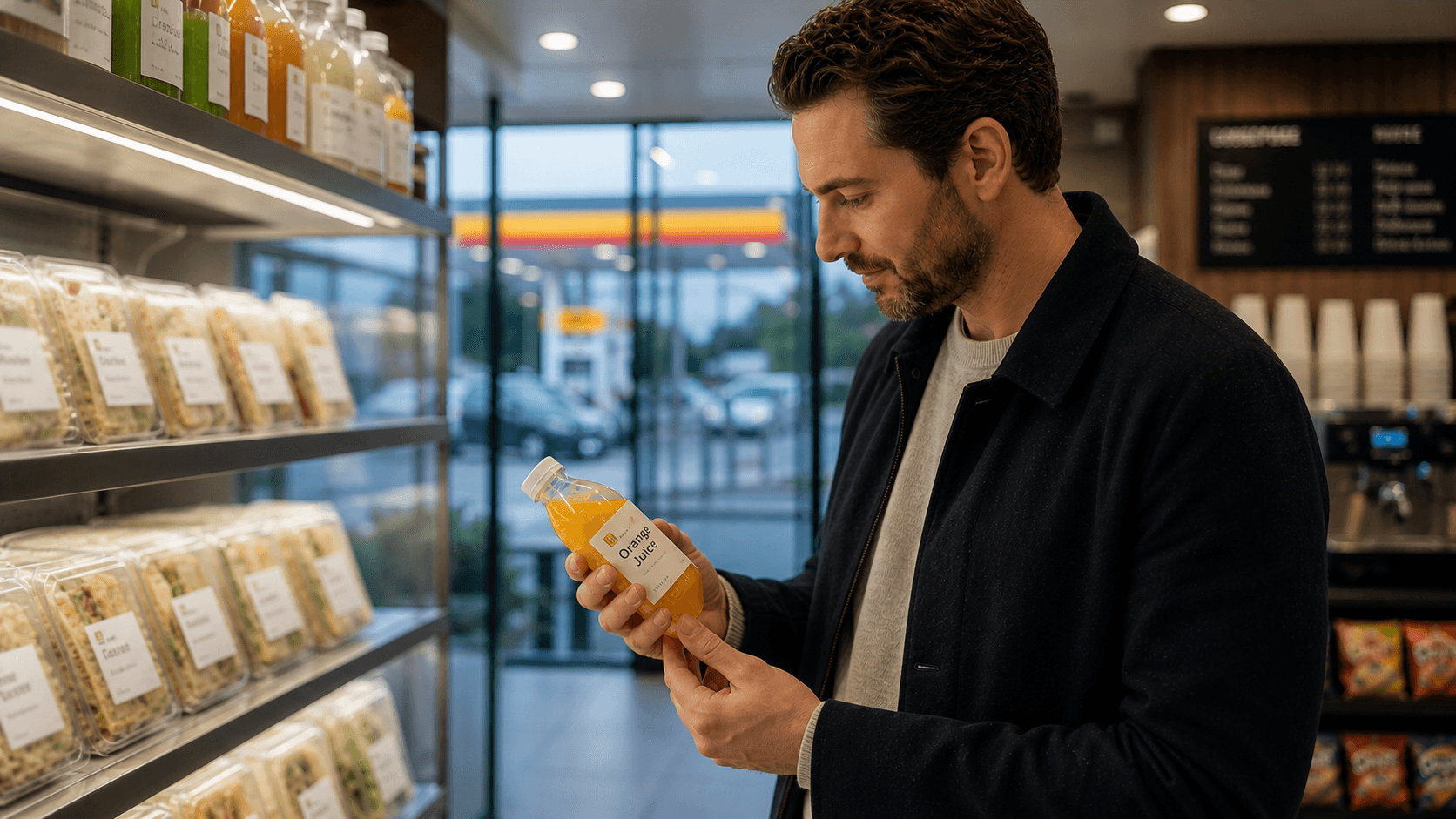 Man reading label on orange juice bottle at Shell service station food-to-go shelf