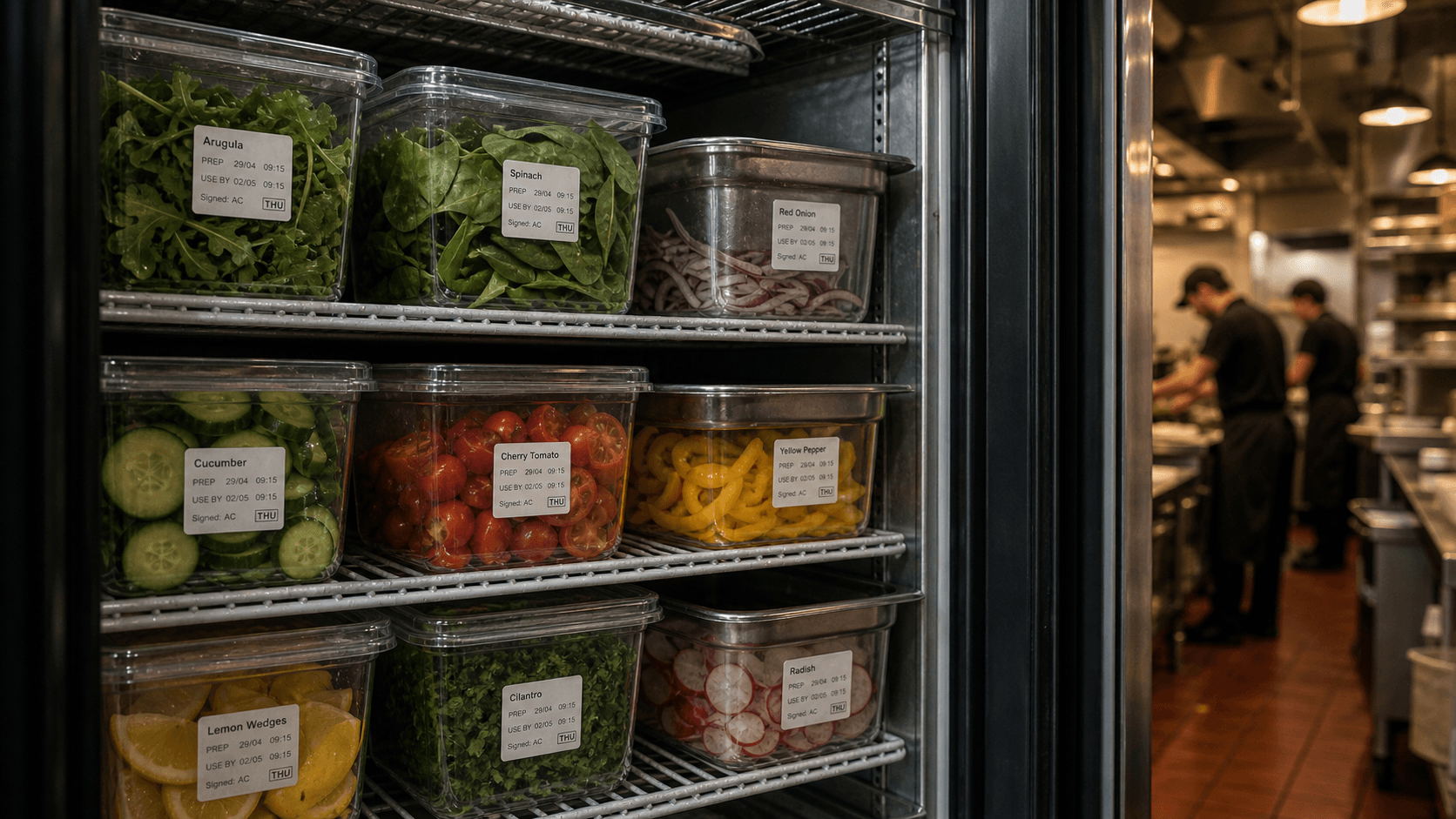 Professional kitchen fridge open showing rows of labelled fresh vegetable containers