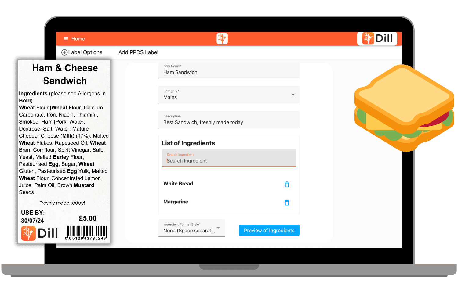 Dill product configuration screen